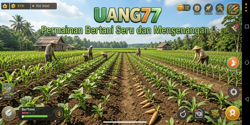 Antarmuka UANG77 menampilkan ladang yang asri dan beragam tanaman.